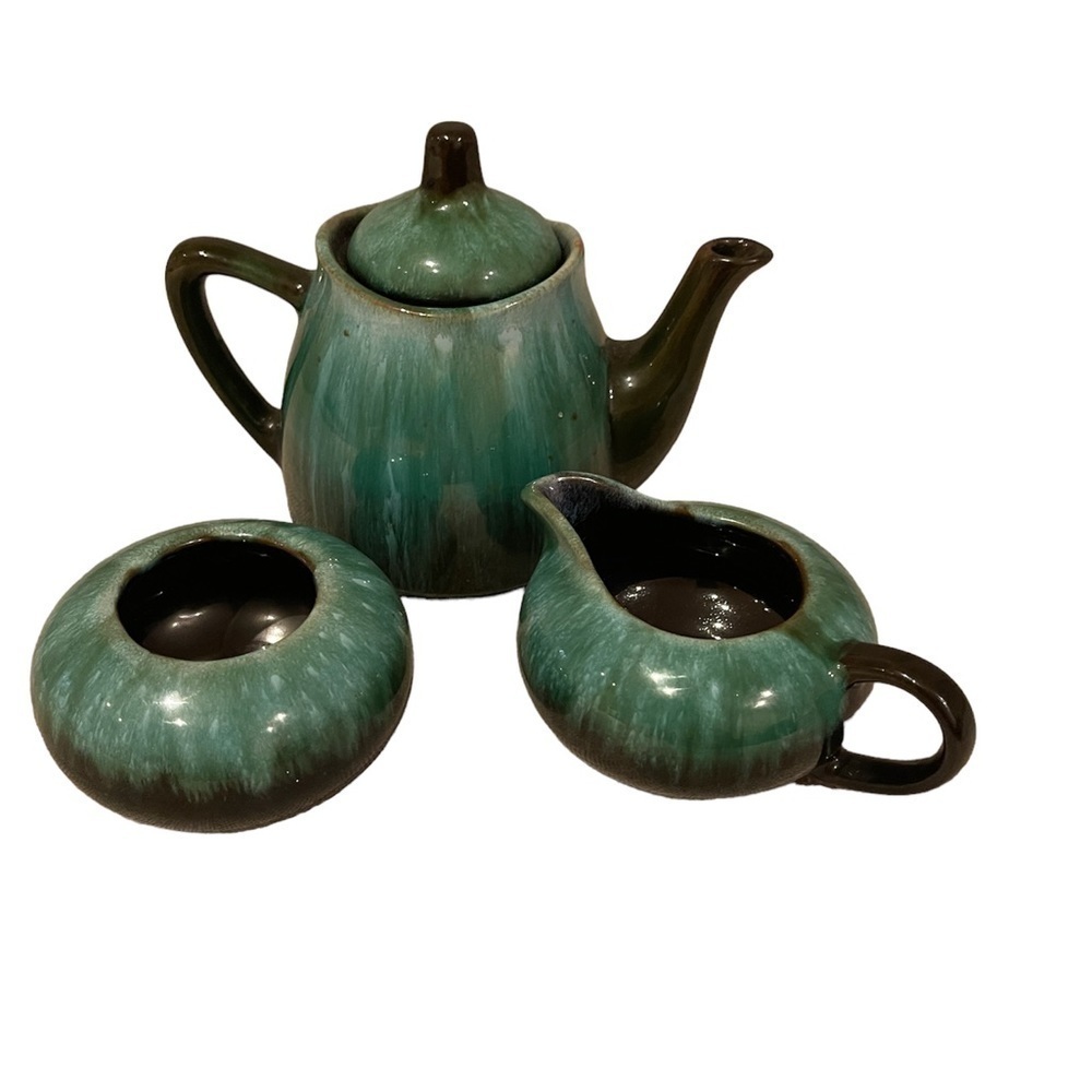 Vintage Blue Mountain Pottery Coffee Tea Pot Creamer Sugar Bowl Set Blue…